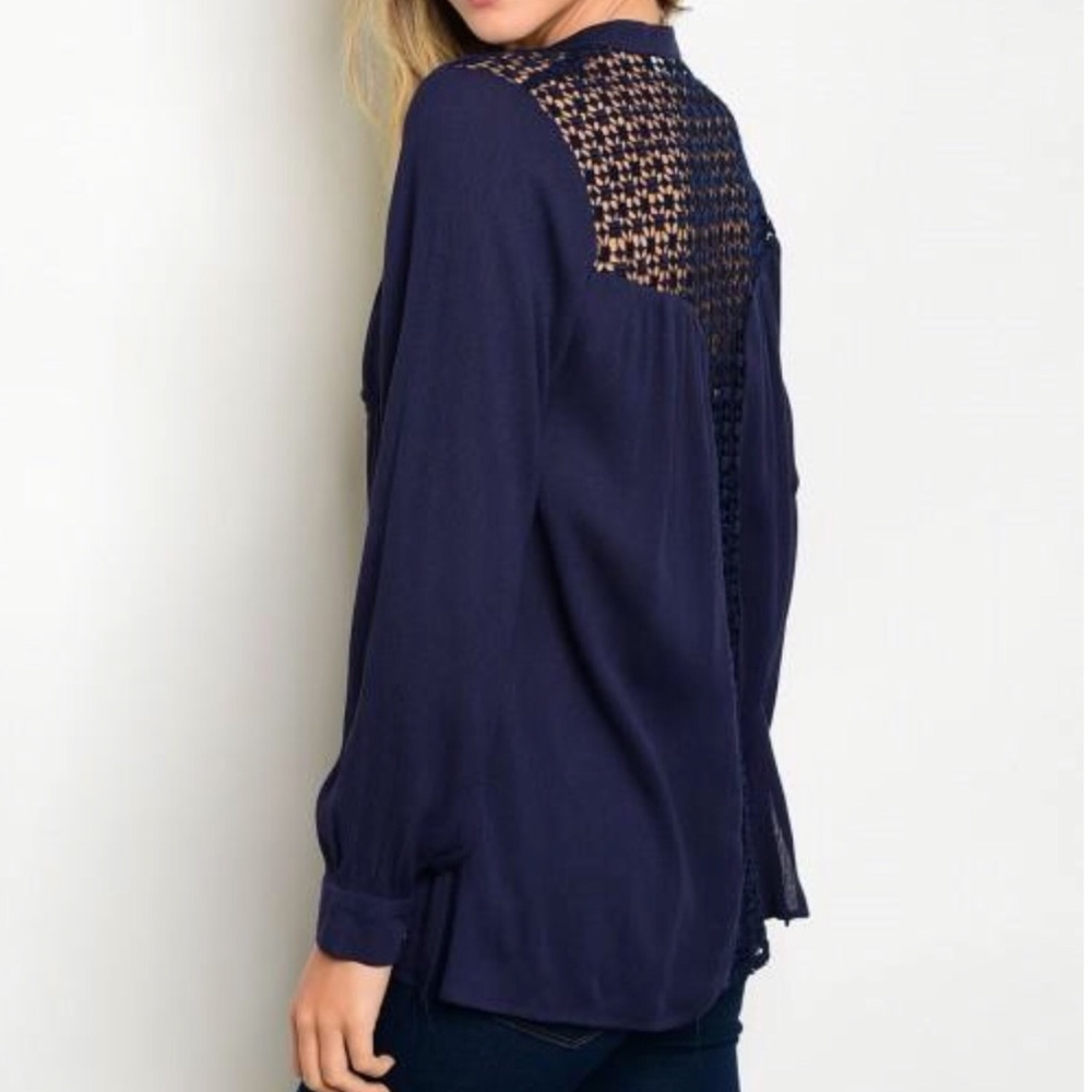 ❗️CLOSING SALE❗️ Navy Crochet Back Button Down Top - Picture 2 of 3